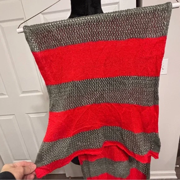 J. Jill Women's Red Gray Silver Sparkles Wide Striped Knit Head Neck Scarf Grey - Picture 4 of 15